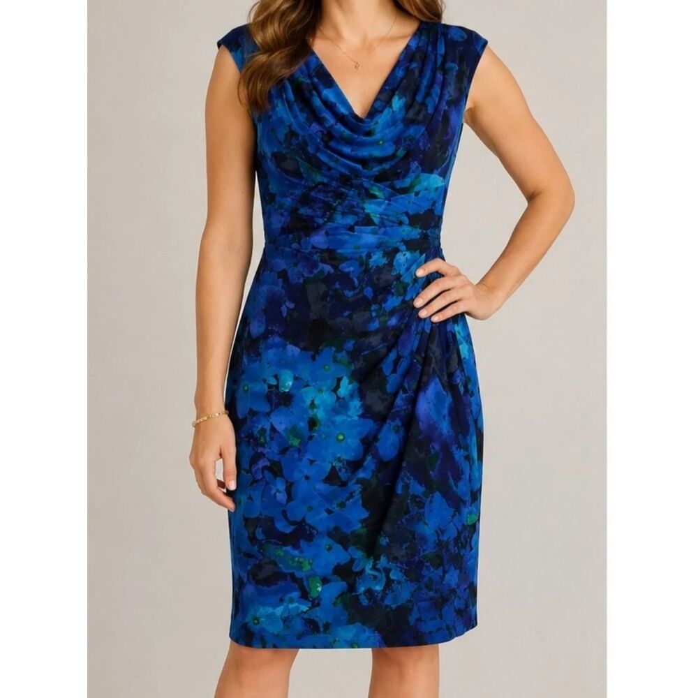 Lauren Ralph Lauren Blue Floral Sheath Dress Size 12 Cowl Neck Career